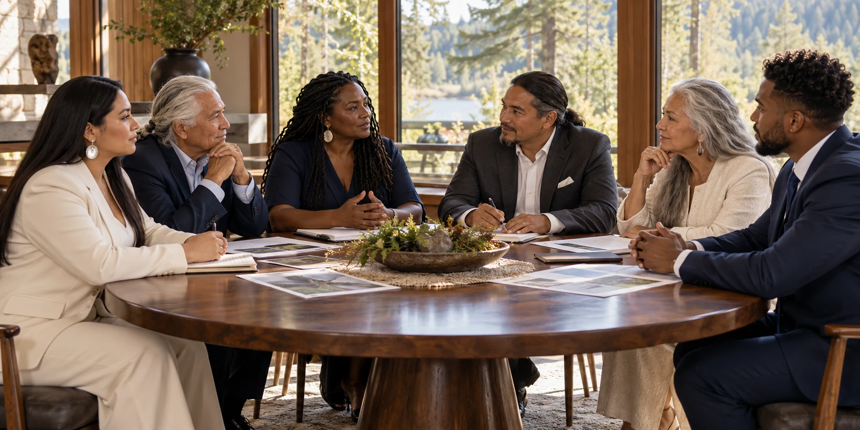 Illustration of a multigenerational community in formal suits and dresses discussing plans around a table
